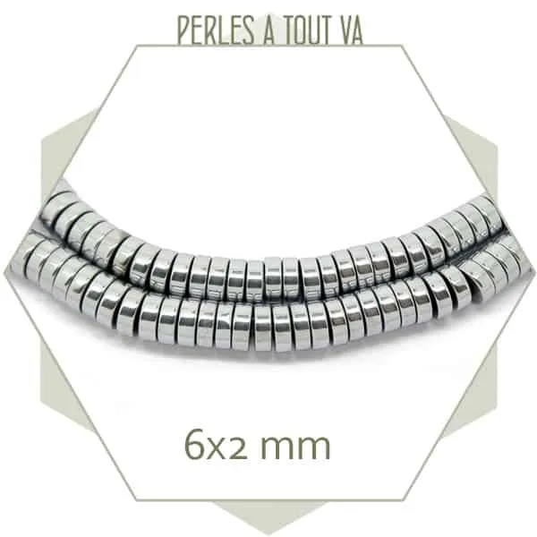 Env. 190 perles rondelles en hématite argenté métallisé, 6x2 mm