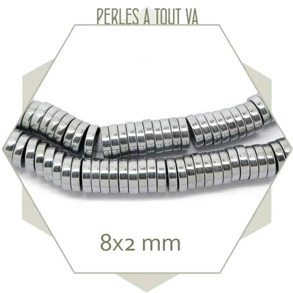 Env. 190 perles rondelles en hématite argenté métallisé, 8x2 mm