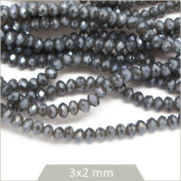 Env. 190 perles de verre à facettes donuts gris anthracite irisé, 3x2 mm