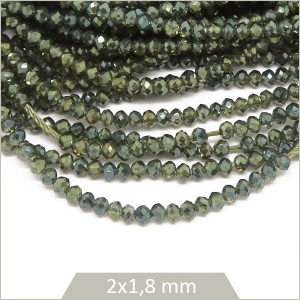 Env. 220 perles de verre donut 2x1,8 mm, vert kaki