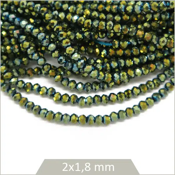 Env. 220 perles de verre donut 2x1,8 mm, doré irisé