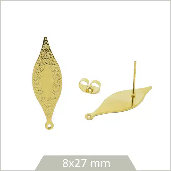 4 clous de boucles d'oreilles feuilles gravées en acier inoxydable doré