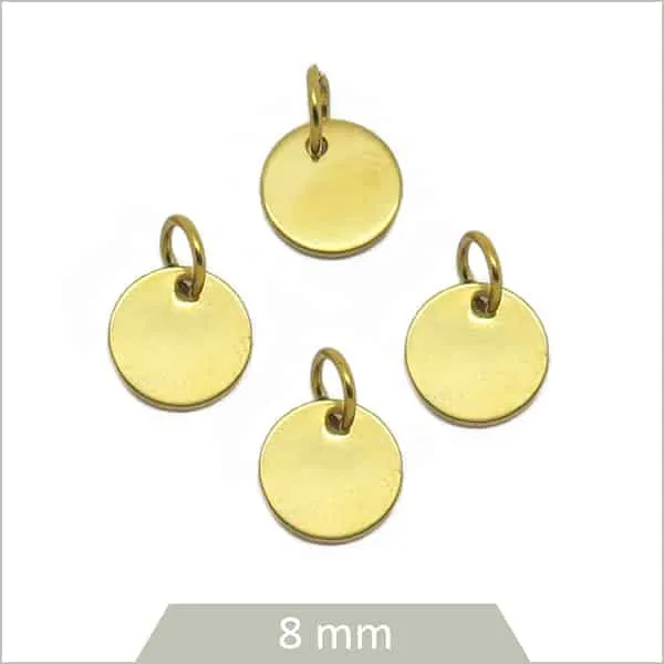 4 breloques rondes 8 mm, en acier inoxydable doré