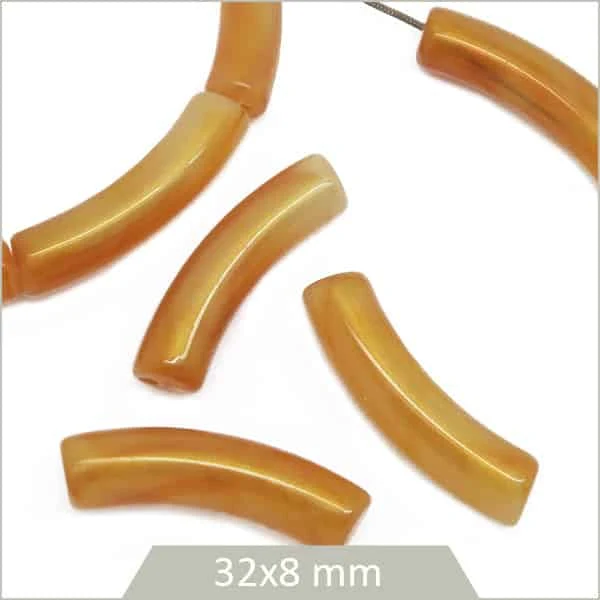 12 perles tubes incurvés marbrés ambre 8 mm