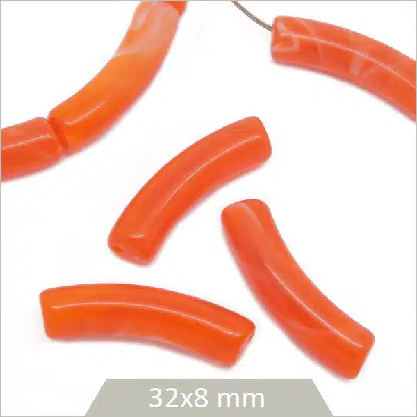 12 perles tubes incurvés orange marbré 8 mm