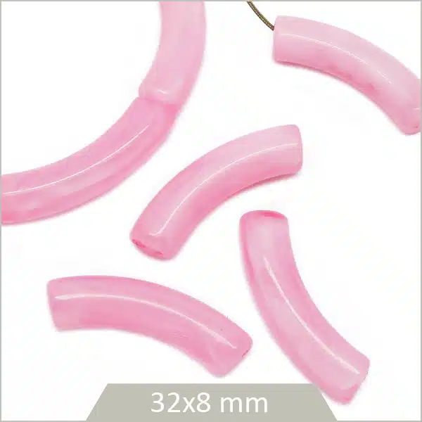 12 perles tubes incurvés rose marbré 8 mm