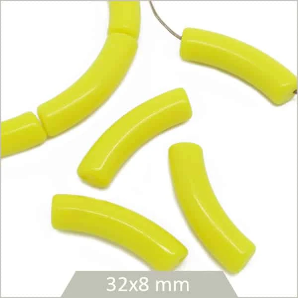 12 perles tubes incurvés jaune 8 mm