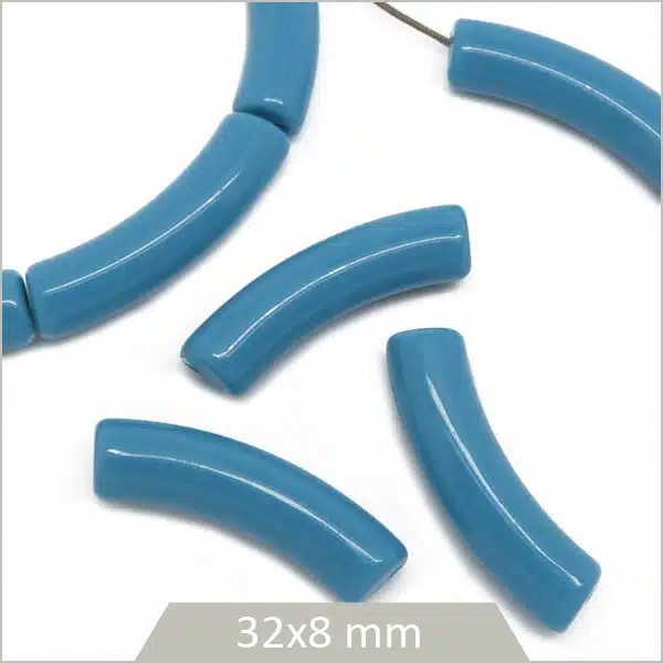 12 perles tubes incurvés bleu gris opaque 8 mm