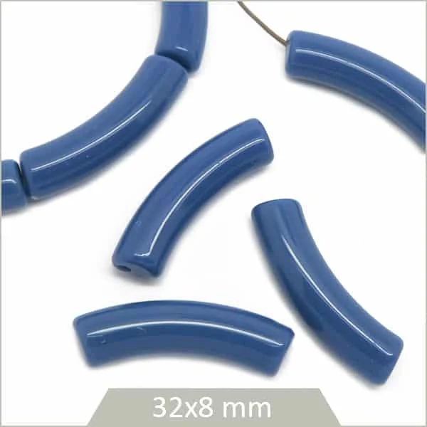 12 perles tubes incurvés bleu foncé opaque 8 mm