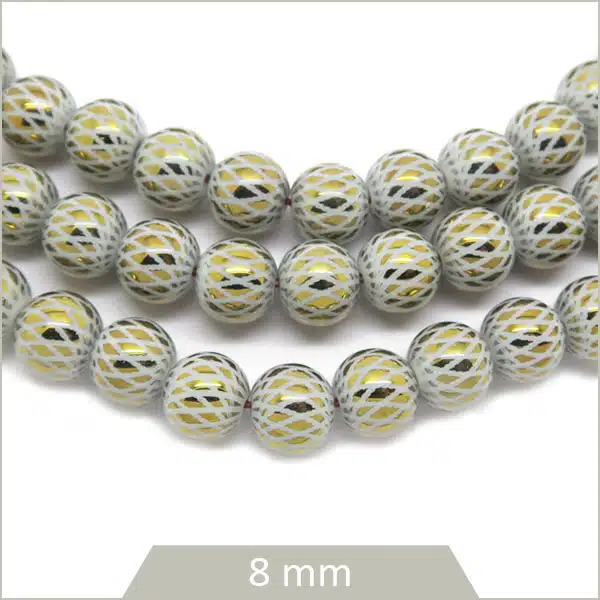 Env. 20 perles de verre rondes 8 mm blanches et or