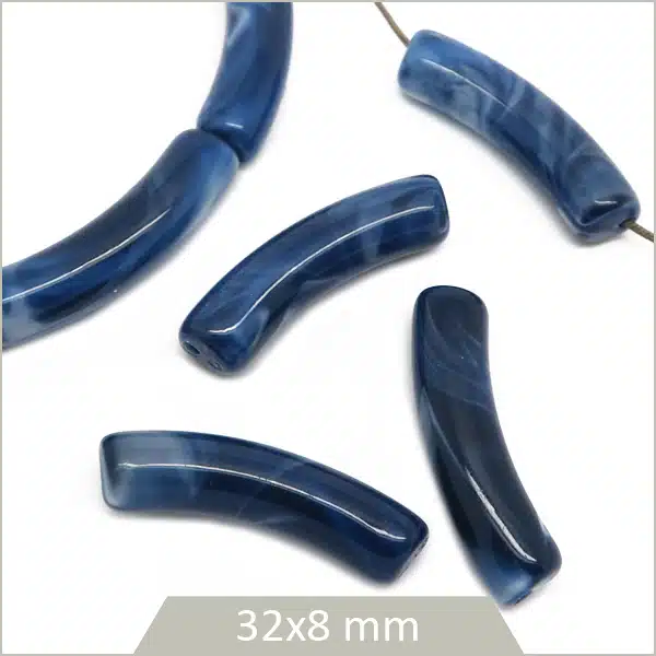 12 perles tubes incurvés bleu nuit marbré 8 mm