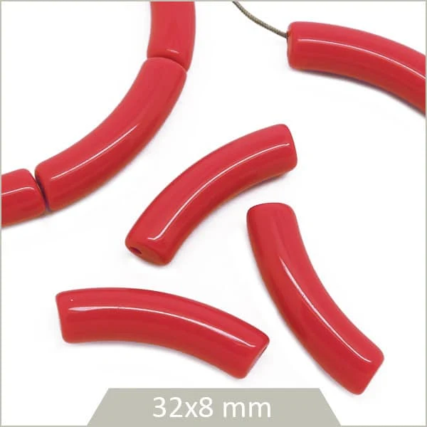 12 perles tubes incurvés rouges opaque 8 mm