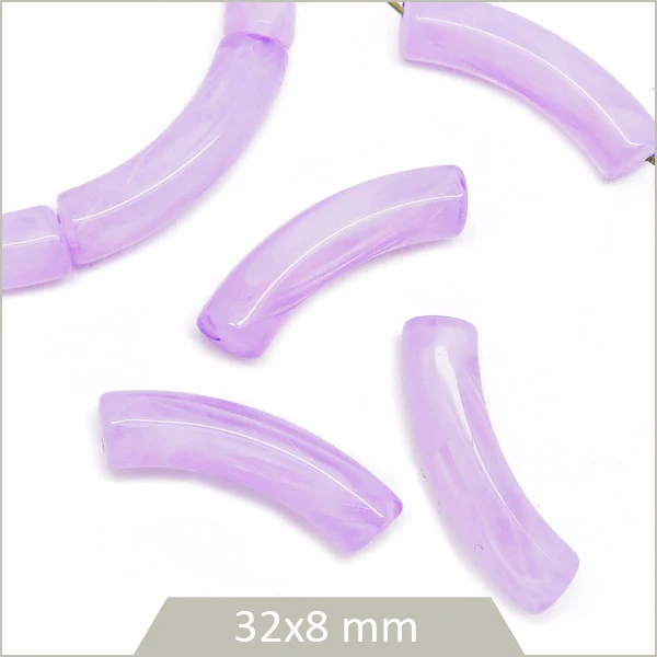 12 perles tubes incurvés mauve clair marbré 8 mm