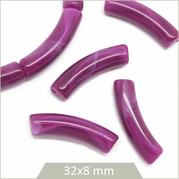12 perles tubes incurvés prune marbré 8 mm