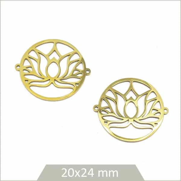 2 connecteurs ronds lotus en acier inoxydable doré, 20 mm