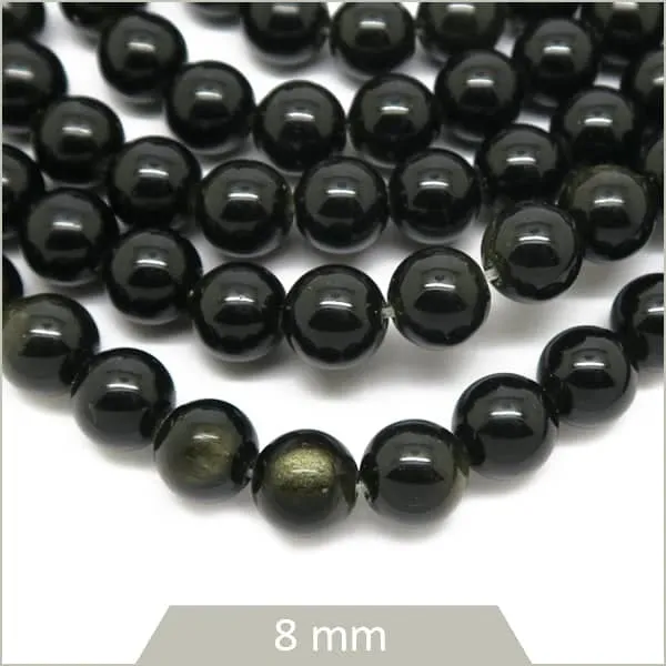 Env. 45 perles rondes en Obsidienne doré, 8 mm