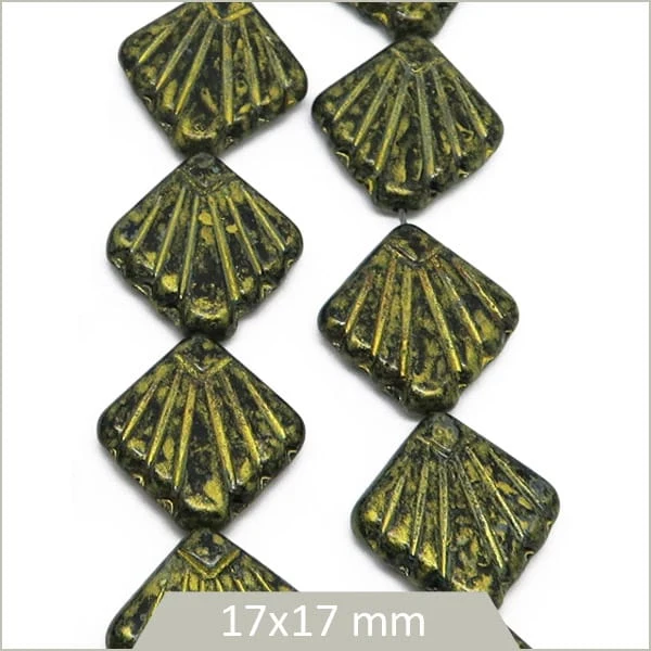 8 perles de verre tchèques forme losange, couleur noir et or