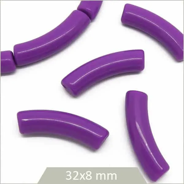 12 perles tubes incurvés violettes opaque 8 mm