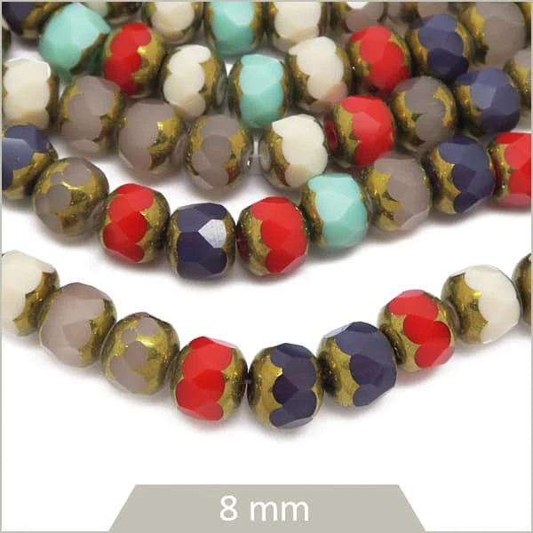 Env. 55 perles de verre à facettes multicolores, 8x7mm