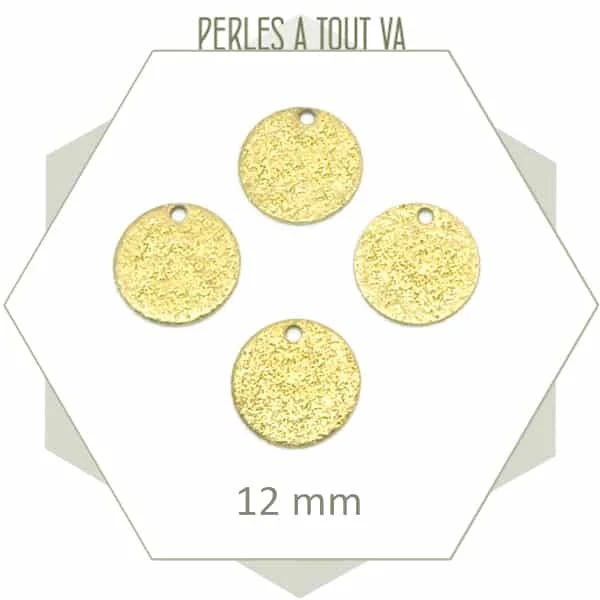 6 breloques rondes texture granitée 12 mm en acier inoxydable doré