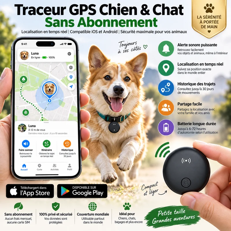 Traceur GPS Chien & Chat Sans Abonnement – iOS Android
