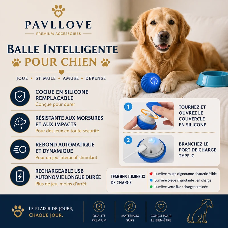 Balle Interactive pour Chien Rechargeable USB-C – Jouet Automatique Intelligent Pavllove®
