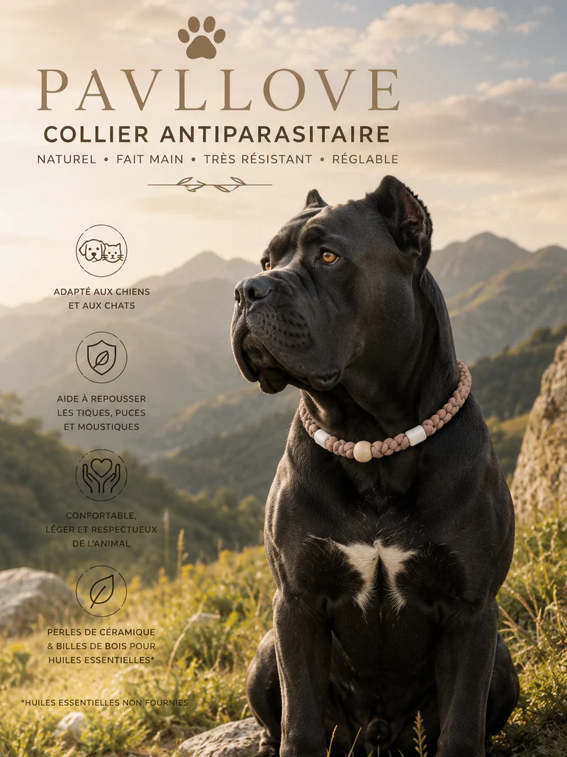 Collier Marron Torsadé Anti-Tiques Naturel, Antiparasitaire avec Perles de Céramique EM
