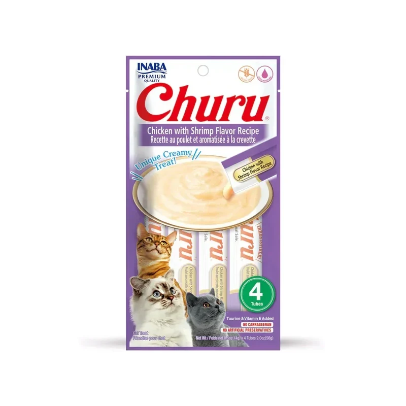 Churu Poulet & Crevettes – Sticks crémeux pour chat – 4 tubes de 14g