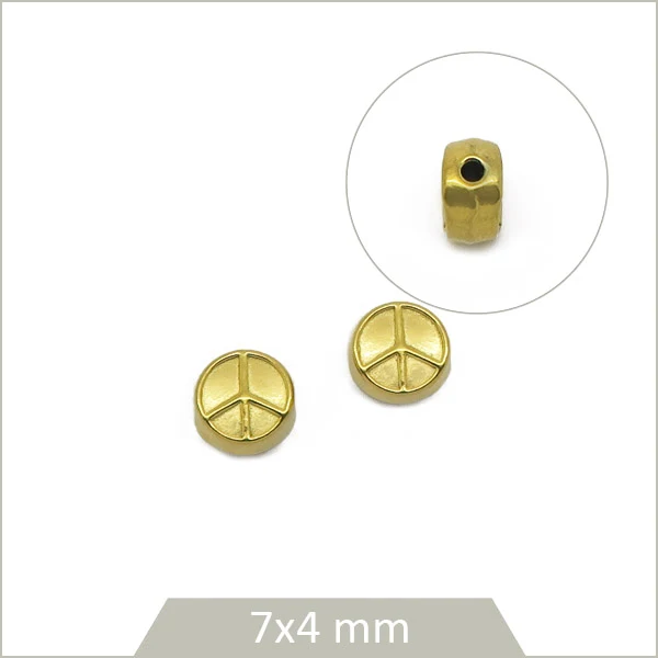 2 perles rondes plates Peace and Love en acier inoxydable doré