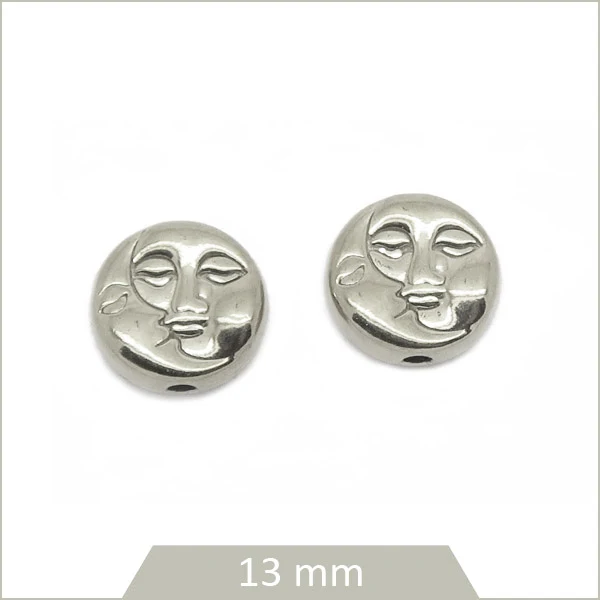 2 perles rondes plates têtes de lunes en acier inoxydable