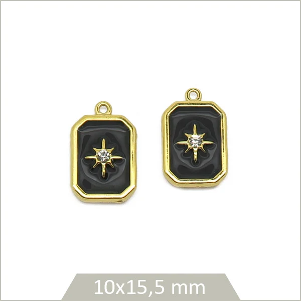 2 breloques rectangles noirs avec étoile strassée en acier inoxydable doré