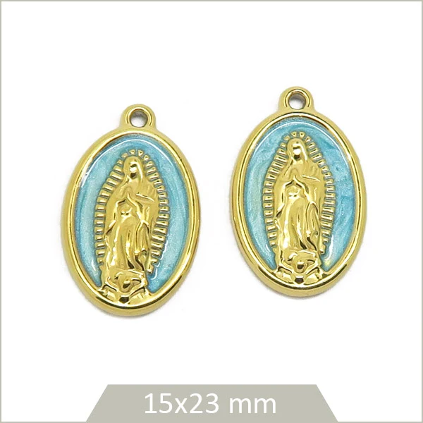 2 breloques ovales turquoises motif Vierge en acier inoxydable doré