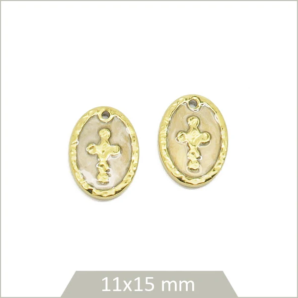 2 breloques ovales gris taupe motif croix en acier inoxydable doré