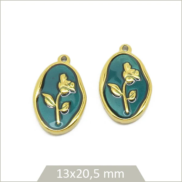 2 breloques ovales ondulées vert émeraude motif rose en acier inoxydable doré