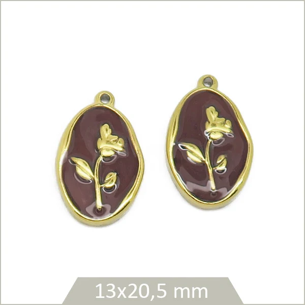 2 breloques ovales ondulées prunes motif rose en acier inoxydable doré