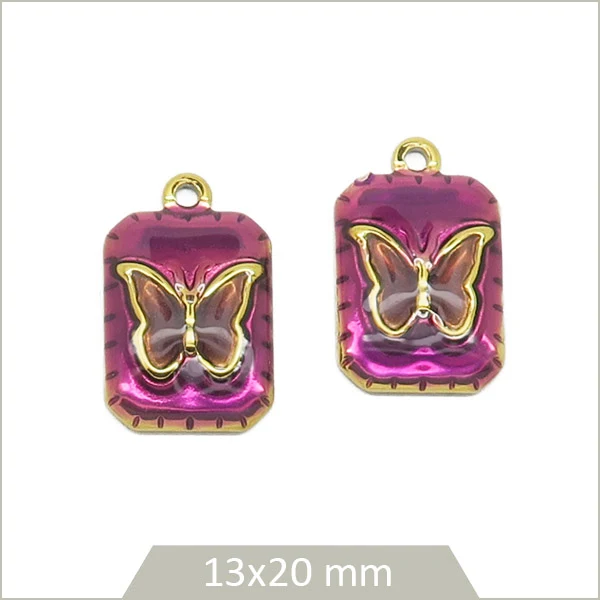2 breloques rectangles violet en acier inoxydable doré, papillon prune