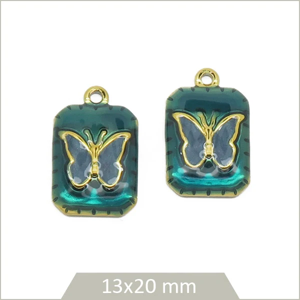 2 breloques rectangles vert émeraude en acier inoxydable doré , papillon bleu