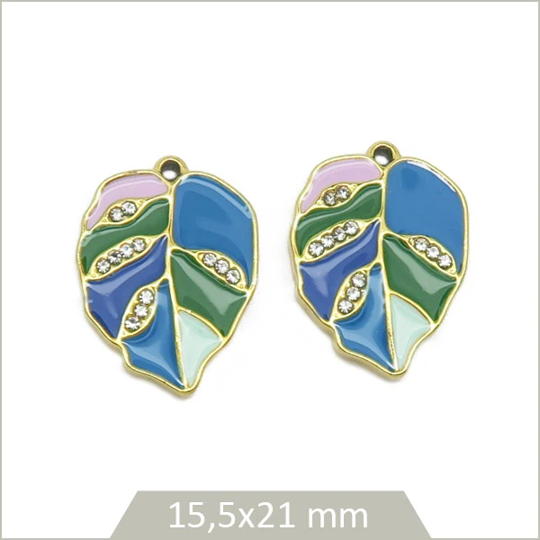 2 breloques feuilles en acier inoxydable doré remplissage bleu, vert et strass