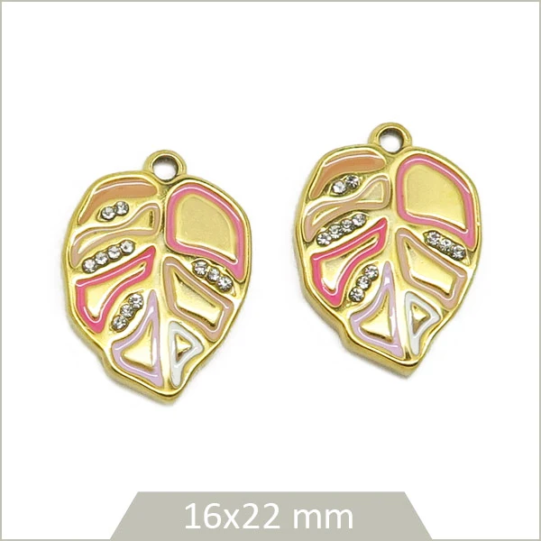 2 breloques feuilles en acier inoxydable doré rainures rose et strass