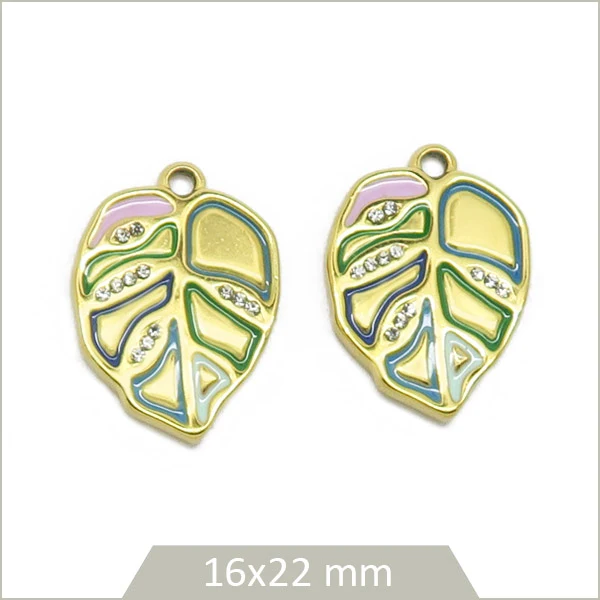 2 breloques feuilles en acier inoxydable doré rainures verte, bleue, rose et strassée