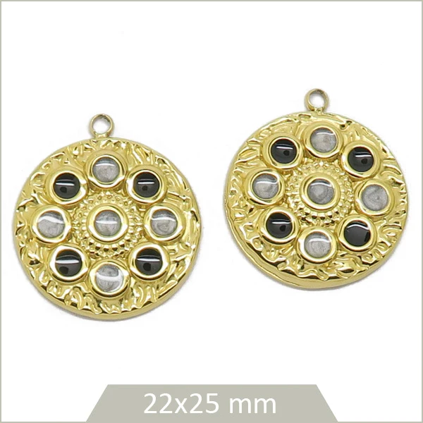 2 breloques roues en acier inoxydable doré cabochons gris et noir
