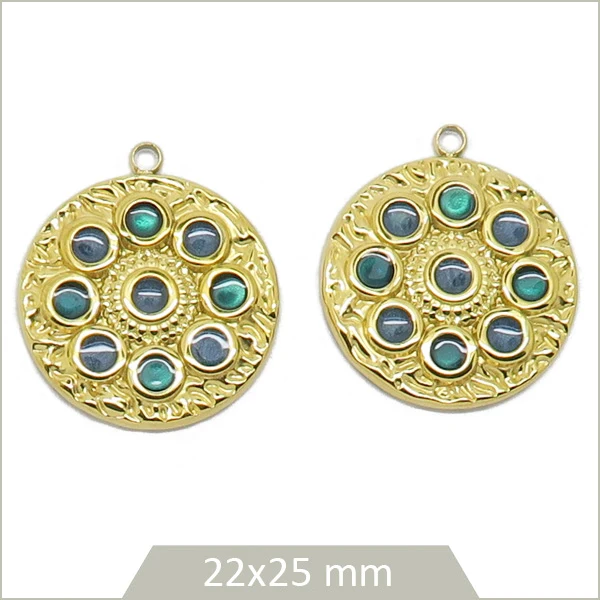 2 breloques roue en acier inoxydable doré cabochons vert et bleu marine