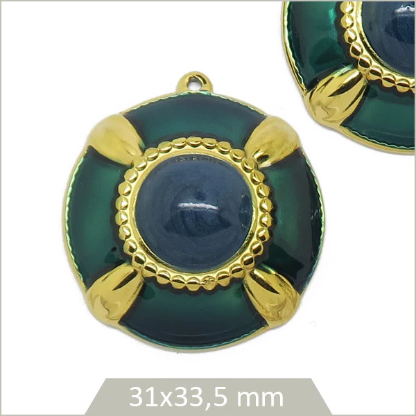 2 breloques en acier inoxydable doré bouclier vert cabochon bleu marine