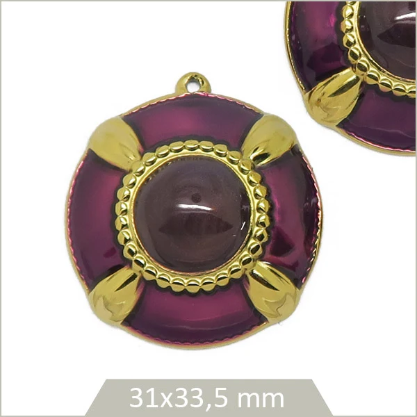 2 breloques en acier inoxydable doré bouclier violet cabochon prune