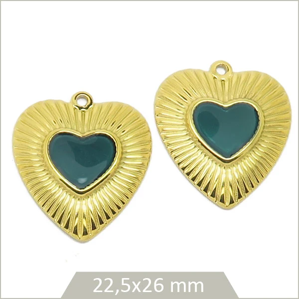 2 breloques en acier inoxydable doré cœur ensoleillé cabochon vert émeraude