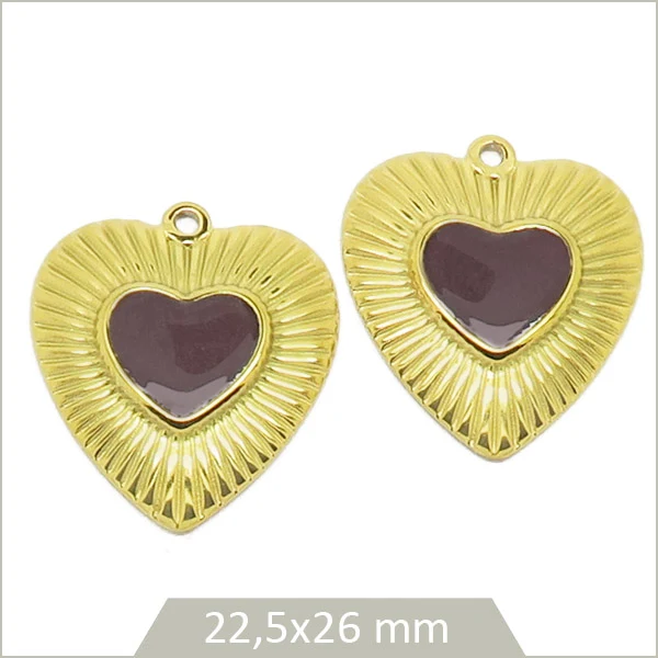 2 breloques en acier inoxydable doré cœur ensoleillé cabochon prune
