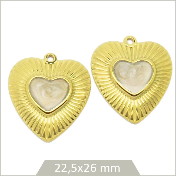 2 breloques en acier inoxydable doré cœur ensoleillé cabochon beige