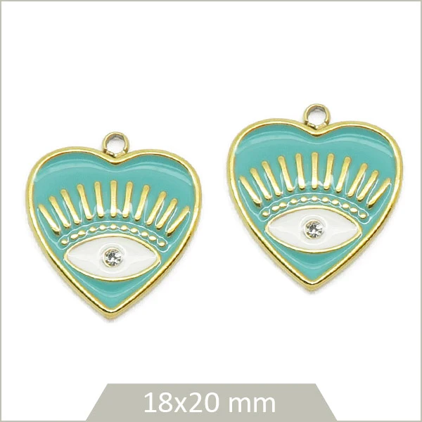 2 breloques en acier inoxydable doré cœur turquoise