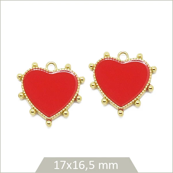 2 breloques en acier inoxydable doré cœur rouge bordure perlée