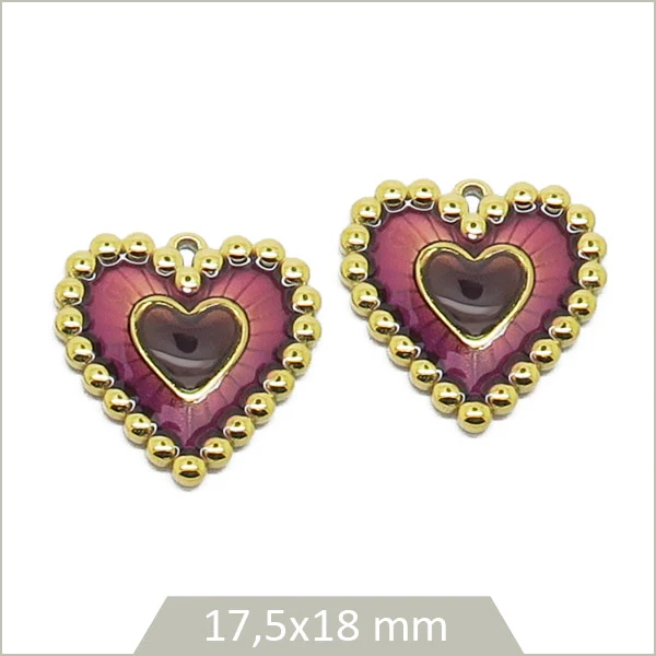 2 breloques en acier inoxydable doré cœur camaïeu de violet bordure perlée